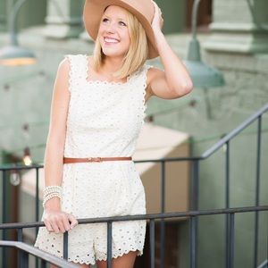 Eyelet cream romper (belt added for pictures but not for sale)